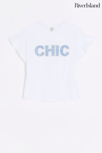 River Island White Girls Frill Chic Applique T-Shirt (N18274) | £12