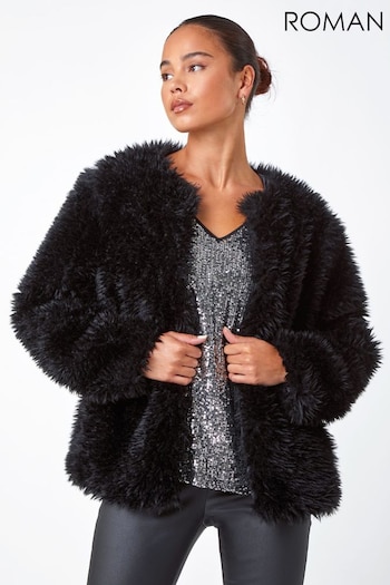 Roman Black Petite Soft Faux Fur Coat (N18342) | £55