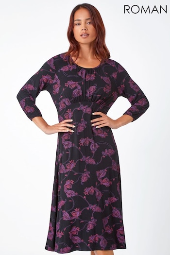 Roman Black Petite Paisley Print Stretch Midi Dress (N18352) | £36