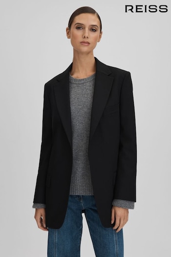 Reiss Black Alia Oversized Wool Blend Single Breasted Blazer (N18480) | £298