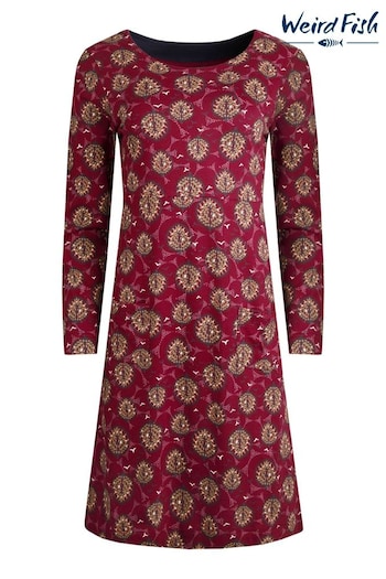 Weird Fish Red Delray Organic Long Sleeve Printed Jersey Dress (N18526) | £55