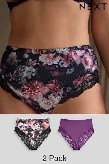 Floral Print/Plum High Rise High Leg Lace Trim Knickers 2 Pack (N18812) | £20