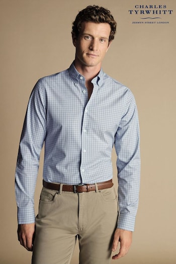 Charles Tyrwhitt Blue Chrome Check Non-iron Button-Down Oxford Slim Fit Shirt (N18817) | £65