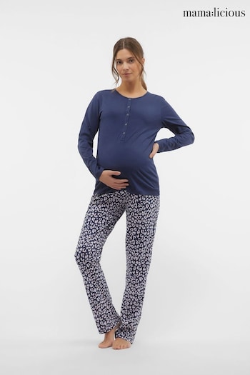 Mamalicious Blue Maternity Button Front Pyjamas Set With Nursing Function (N18841) | £38