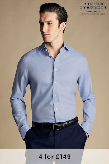 Charles Tyrwhitt Blue Slim Fit Cutaway Non-iron Herringbone Shirt (N18855) | £65