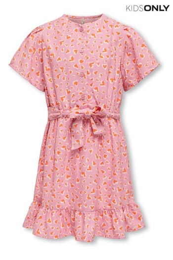 ONLY KIDS Pink Heart Print Ruffle Tie Waist Dress (N18916) | £22