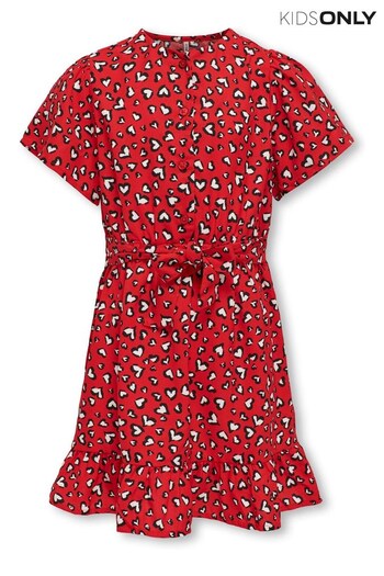 ONLY KIDS Red Heart Print Ruffle Tie Waist Dress (N18925) | £22