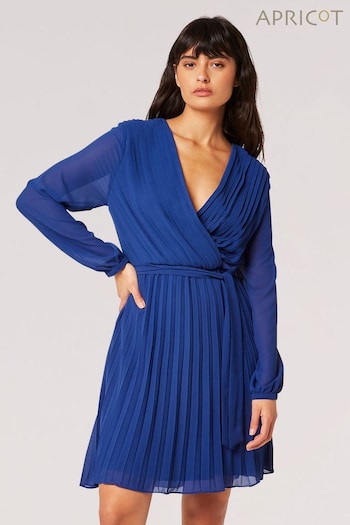 Apricot Blue Pleated Long Sleeve Chiffon Wrap Dress (N20017) | £35