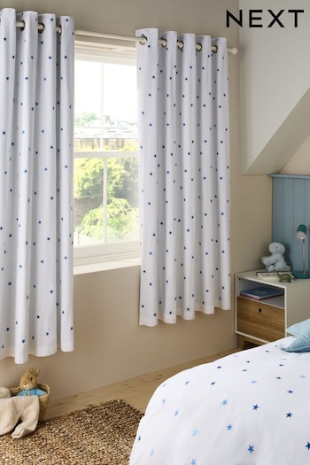 Blue Star Embroidered Star Eyelet Eyelet Blackout Curtains (N20026) | £60 - £90