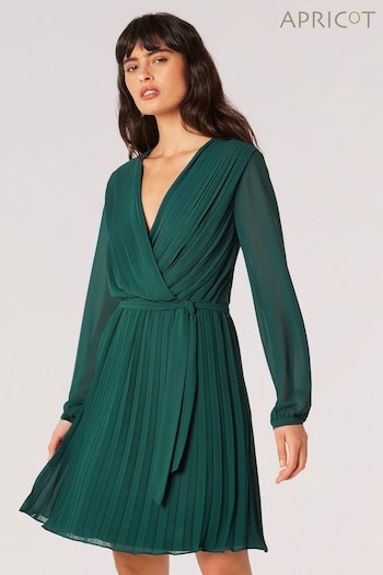 Apricot Green Pleated Long Sleeve Chiffon Wrap Dress (N20027) | £35