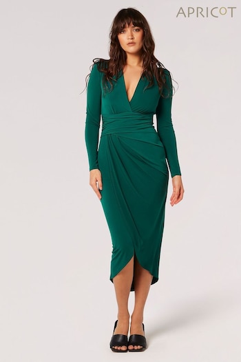 Apricot Green Draped Ity Wrap Skirt Midi Dress (N20044) | £39