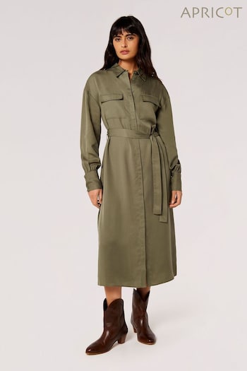 Apricot Green 2 Pocket Utility Long Sleeve Shirt Dress (N20048) | £40