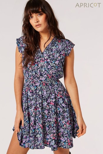 Apricot Blue Garden Layer Ditsy Rffle Sleeve Dress (N20165) | £35