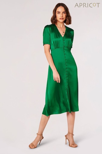 Apricot Green Satin Button Down Midi Dress (N20192) | £39