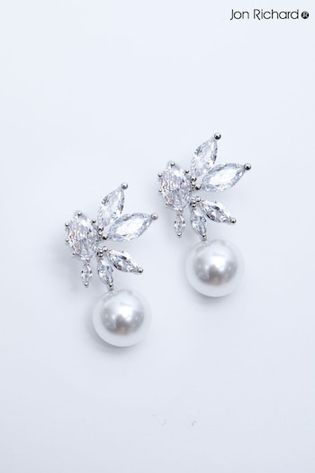 Jon Richard Silver Tone Cubic Zirconia Floral Navette Pearl Drop Earrings (N20433) | £20