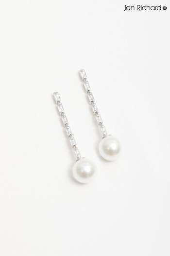 Jon Richard Silver Tone Cubic Zirconia Long Pearl Drop Earrings (N20592) | £20