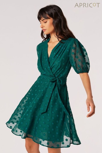 Apricot Green Pleat Wrap Jacquard Dot Dress (N20604) | £35