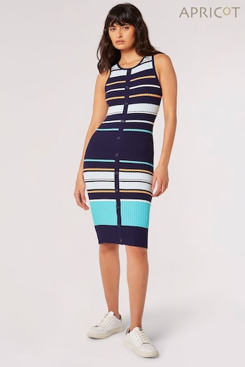 Apricot Blue Mixed Stripe Button Ribbed Knit Maxi Dress (N20621) | £35