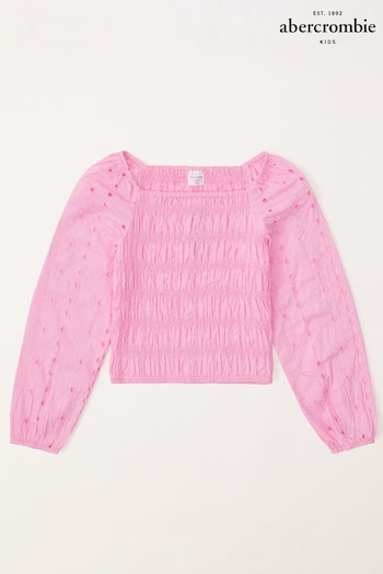 Abercrombie & Fitch Pink Textured Smocked Square Neck Balloon Sleeve Top (N20689) | £29