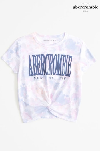 Abercrombie & Fitch Tie Dye Varsity Logo Cropped Tie Front White T-Shirt (N20709) | £20