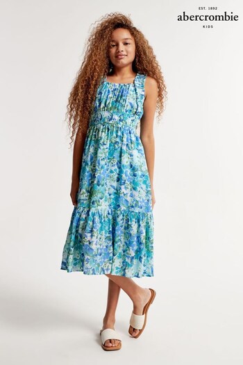 Abercrombie & Fitch Blue Floral Frill Sleeve Tiered Maxi Dress (N20710) | £49