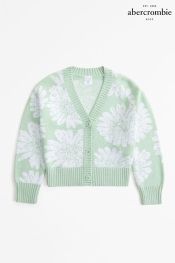 Abercrombie & Fitch Oversized Green Floral Knit V-Neck Cropped Cardigan (N20728) | £39