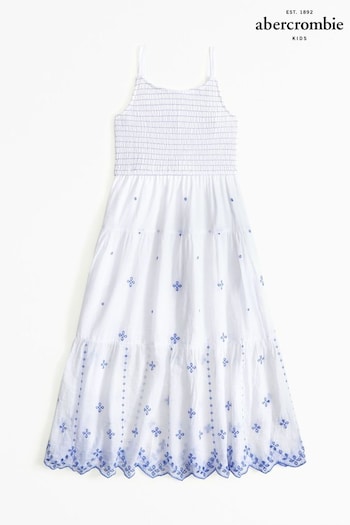 Abercrombie & Fitch Boho Smocked Embroidered Tiered White Maxi Dress (N20730) | £49