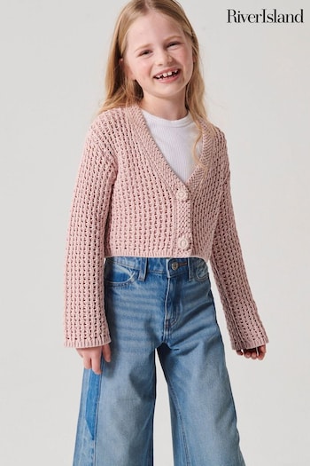 River Island Pink Girls Crochet Boxy Crop Cardigan (N20768) | £22 - £29