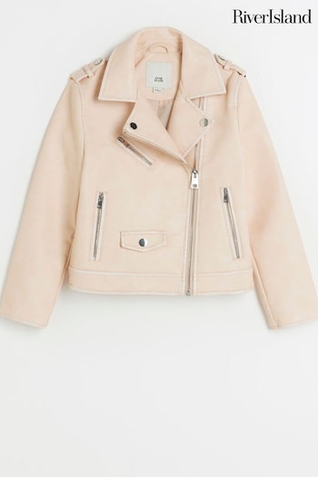 River Island Pink Girls Faux Leather Distressed Biker Jacket (N20777) | £35