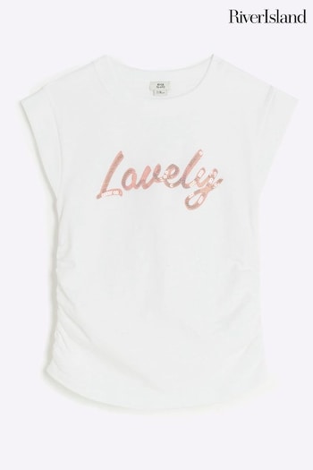 River Island White Girls Cap Sleeve Ruched Side T-Shirt (N20785) | £14