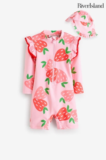 River Island Pink Girls Strawberry Print Rashsuit Set (N20832) | £25