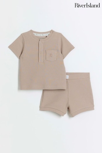River Island Brown Baby Boys Rib T-Shirt and Shorts Set (N20892) | £12
