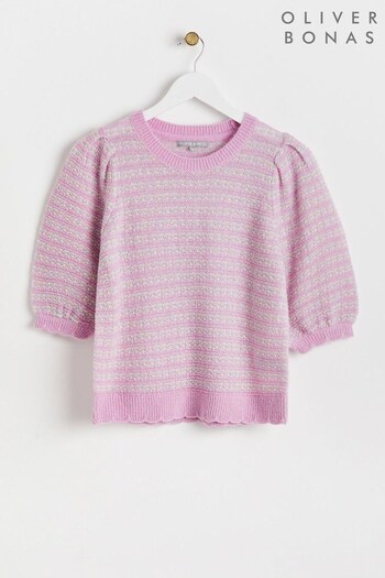 Oliver Bonas Pink Stripe Scalloped Knitted Jumper (N20921) | £55