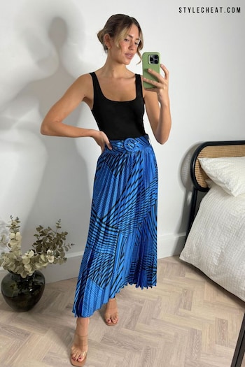 Style Cheat Blue Demi Belted Pleated Midi Skirt (N20929) | £45