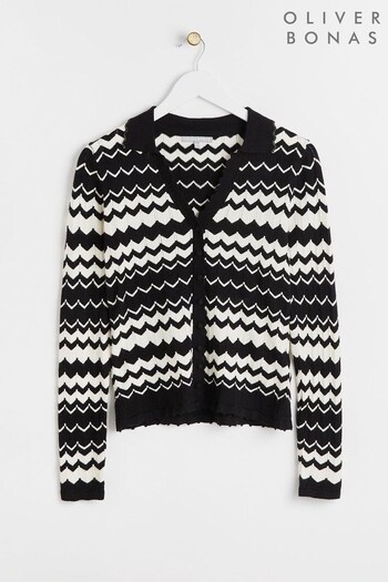 Oliver Bonas Monochrome Wavy Stripe Collared Black Knitted Cardigan (N20948) | £55