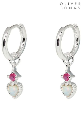 Oliver Bonas Varda Opalite Heart Charm Hoop Silver Earrings (N20963) | £45