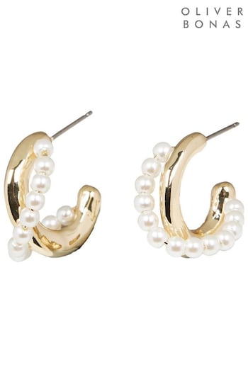 Oliver Bonas Audrey Gold & Faux Pearl Hoop White Earrings (N21089) | £16