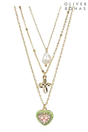 Oliver Bonas Gold Tone Stella Heart, Flower And Pearl Layered Pendant Necklace (N21127) | £29.50