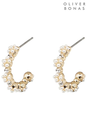 Oliver Bonas White Flowers And Faux Pearl Liliana Hoop Earrings (N21128) | £16