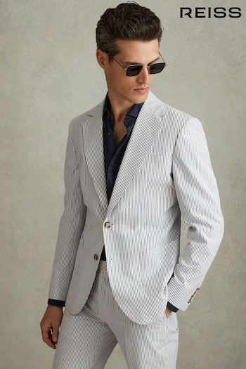 Reiss Soft Blue/White Barr Cotton Seersucker Single Breasted Blazer (N21176) | £298