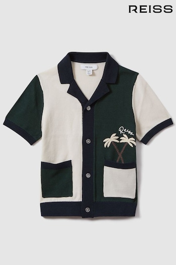 Reiss Green Multi Ata Knitted Colourblock Cuban Collar Shirt (N21180) | £50