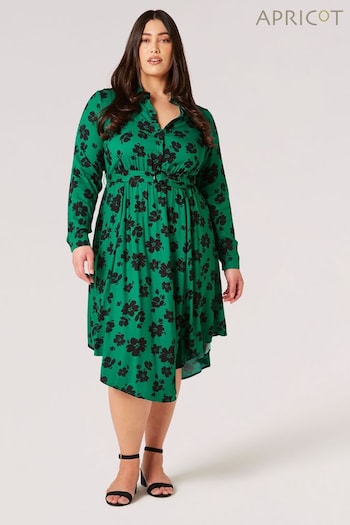 Apricot Green Mono Brushed Floral Hanky Hem Dress (N21186) | £39