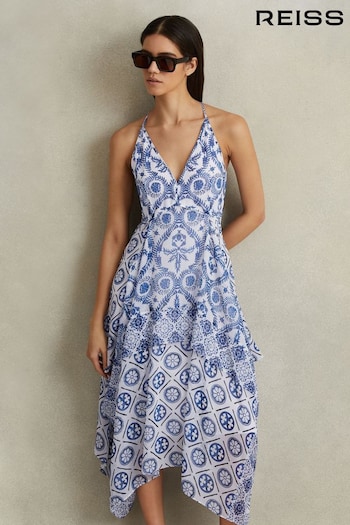 Reiss Blue Tiller Side Pleat Asymmetric Midi Dress (N21213) | £198