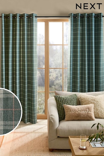 Green Brushed Check Lined Eyelet Curtains (N21227) | £70 - £145