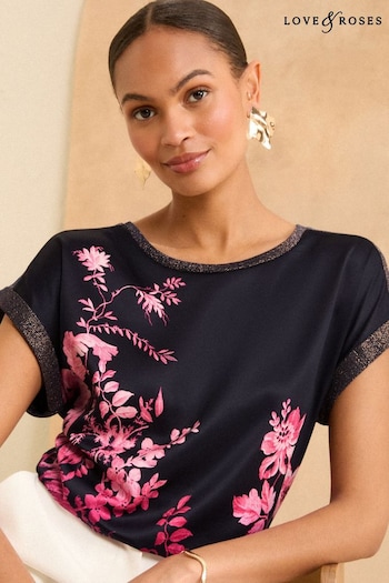 Love & Roses Pink Floral Satin Front Jersey Back T-Shirt (N21228) | £29