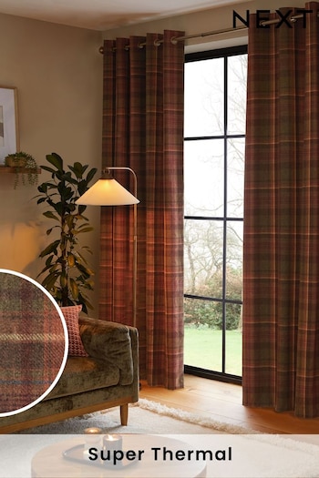 Rust Orange Brushed Check Super Thermal Curtains (N21237) | £0