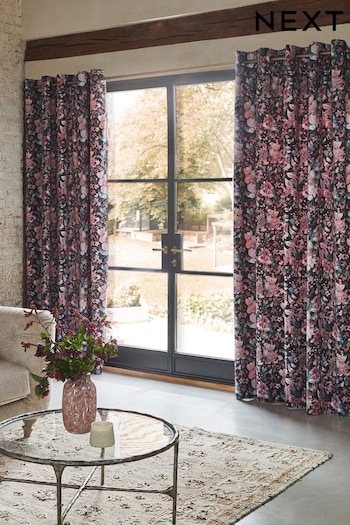 Black/Pink Rustic Romance Floral Velvet Eyelet Lined Curtains (N21277) | £0