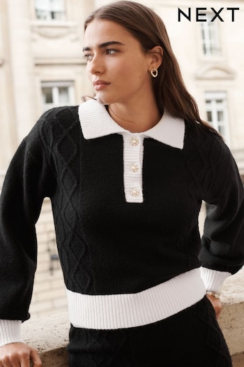 Black Gem Button Contrast Polo Collar Knitted Jumper (N21393) | £38