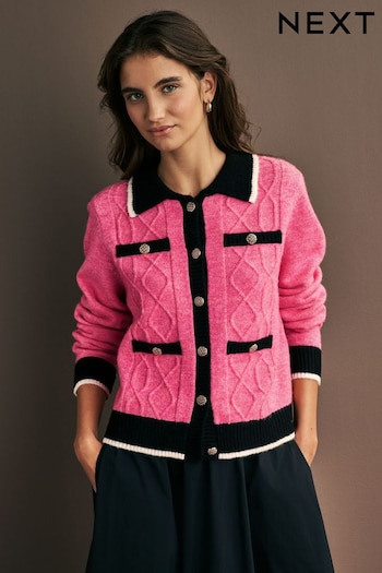 Bright Pink Smart Contrast Tipped Knitted Co-ord Jacket (N21420) | £45