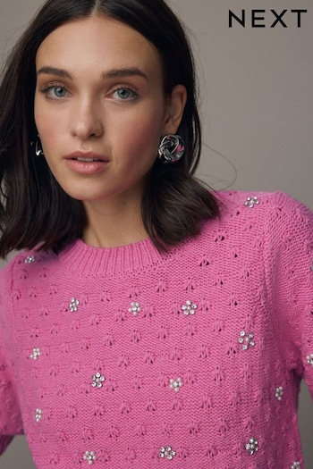 Pink Bright Embellished Gem Short Sleeve Knitted Jumper (N21436) | £38